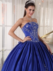 Blue Ball Gown Strapless Floor-length Satin Embroidery Quinceanera Dress