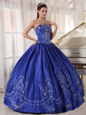 Blue Ball Gown Strapless Floor-length Satin Embroidery Quinceanera Dress