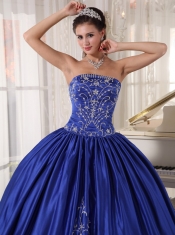 Blue Ball Gown Strapless Floor-length Satin Embroidery Quinceanera Dress