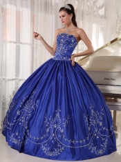 Blue Ball Gown Strapless Floor-length Satin Embroidery Quinceanera Dress