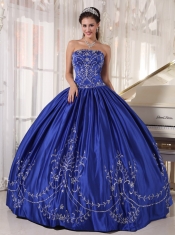 Blue Ball Gown Strapless Floor-length Satin Embroidery Quinceanera Dress