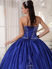 Blue Ball Gown Strapless Floor-length Satin Embroidery Quinceanera Dress
