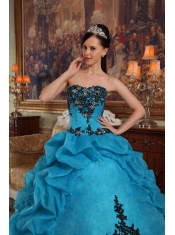 Blue Ball Gown Strapless Floor-length Taffeta and Organza Beading and Pick-ups Quinceanera Dress