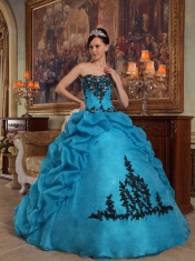 Blue Ball Gown Strapless Floor-length Taffeta and Organza Beading and Pick-ups Quinceanera Dress