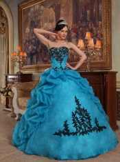 Blue Ball Gown Strapless Floor-length Taffeta and Organza Beading and Pick-ups Quinceanera Dress