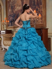 Blue Ball Gown Strapless Floor-length Taffeta and Organza Beading and Pick-ups Quinceanera Dress