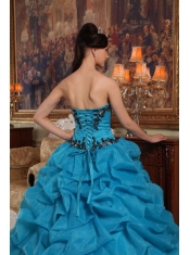 Blue Ball Gown Strapless Floor-length Taffeta and Organza Beading and Pick-ups Quinceanera Dress