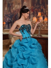 Blue Ball Gown Strapless Floor-length Taffeta and Organza Beading and Pick-ups Quinceanera Dress