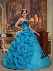 Blue Ball Gown Strapless Floor-length Taffeta and Organza Beading and Pick-ups Quinceanera Dress