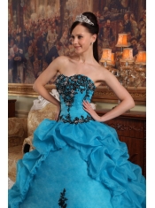 Blue Ball Gown Strapless Floor-length Taffeta and Organza Beading and Pick-ups Quinceanera Dress