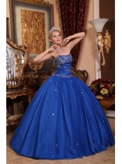 Blue Ball Gown Strapless Floor-length Taffeta and Tulle Appliques Quinceanera Dress