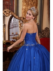 Blue Ball Gown Strapless Floor-length Taffeta and Tulle Appliques Quinceanera Dress