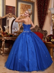 Blue Ball Gown Strapless Floor-length Taffeta and Tulle Appliques Quinceanera Dress