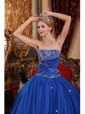 Blue Ball Gown Strapless Floor-length Taffeta and Tulle Appliques Quinceanera Dress