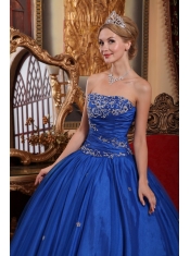 Blue Ball Gown Strapless Floor-length Taffeta and Tulle Appliques Quinceanera Dress