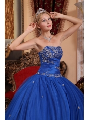 Blue Ball Gown Strapless Floor-length Taffeta and Tulle Appliques Quinceanera Dress