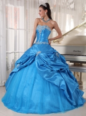 Blue Ball Gown Strapless Floor-length Taffeta and Tulle Appliques Sweet 16 Dress