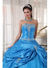 Blue Ball Gown Strapless Floor-length Taffeta and Tulle Appliques Sweet 16 Dress