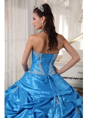 Blue Ball Gown Strapless Floor-length Taffeta and Tulle Appliques Sweet 16 Dress