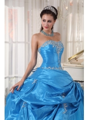 Blue Ball Gown Strapless Floor-length Taffeta and Tulle Appliques Sweet 16 Dress