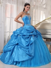 Blue Ball Gown Strapless Floor-length Taffeta and Tulle Appliques Sweet 16 Dress