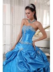 Blue Ball Gown Strapless Floor-length Taffeta and Tulle Appliques Sweet 16 Dress