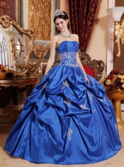 Blue Ball Gown Strapless Floor-length Taffeta Appliques Quinceanera Dress