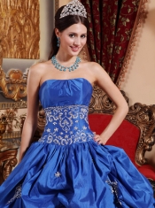 Blue Ball Gown Strapless Floor-length Taffeta Appliques Quinceanera Dress