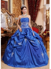 Blue Ball Gown Strapless Floor-length Taffeta Appliques Quinceanera Dress