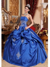 Blue Ball Gown Strapless Floor-length Taffeta Appliques Quinceanera Dress