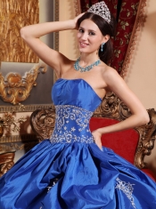 Blue Ball Gown Strapless Floor-length Taffeta Appliques Quinceanera Dress