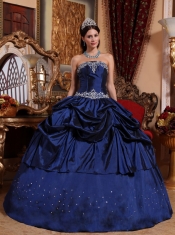 Blue Ball Gown Strapless Floor-length Taffeta Beading Quinceanera Dress