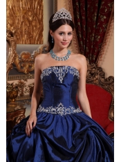 Blue Ball Gown Strapless Floor-length Taffeta Beading Quinceanera Dress