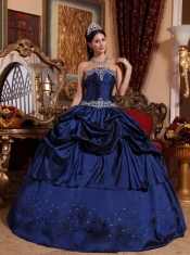 Blue Ball Gown Strapless Floor-length Taffeta Beading Quinceanera Dress