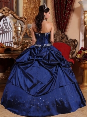 Blue Ball Gown Strapless Floor-length Taffeta Beading Quinceanera Dress