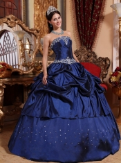 Blue Ball Gown Strapless Floor-length Taffeta Beading Quinceanera Dress