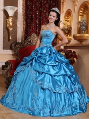 Blue Ball Gown Strapless Floor-length Taffeta Embroidery with Beading Quinceanera Dress