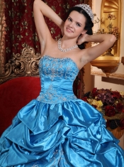 Blue Ball Gown Strapless Floor-length Taffeta Embroidery with Beading Quinceanera Dress