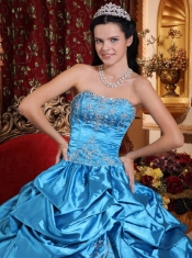 Blue Ball Gown Strapless Floor-length Taffeta Embroidery with Beading Quinceanera Dress