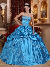 Blue Ball Gown Strapless Floor-length Taffeta Embroidery with Beading Quinceanera Dress