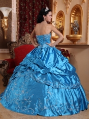 Blue Ball Gown Strapless Floor-length Taffeta Embroidery with Beading Quinceanera Dress