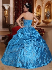 Blue Ball Gown Strapless Floor-length Taffeta Embroidery with Beading Quinceanera Dress