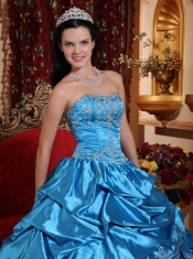 Blue Ball Gown Strapless Floor-length Taffeta Embroidery with Beading Quinceanera Dress