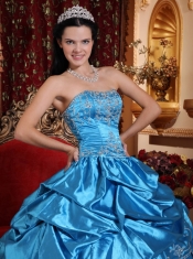 Blue Ball Gown Strapless Floor-length Taffeta Embroidery with Beading Quinceanera Dress