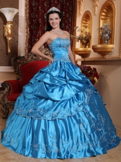 Blue Ball Gown Strapless Floor-length Taffeta Embroidery with Beading Quinceanera Dress