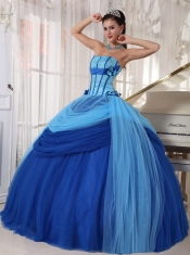 Blue Ball Gown Strapless Floor-length Tulle Beading Quinceanera Dress