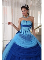 Blue Ball Gown Strapless Floor-length Tulle Beading Quinceanera Dress