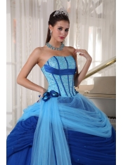 Blue Ball Gown Strapless Floor-length Tulle Beading Quinceanera Dress