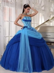 Blue Ball Gown Strapless Floor-length Tulle Beading Quinceanera Dress