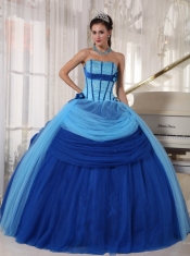 Blue Ball Gown Strapless Floor-length Tulle Beading Quinceanera Dress